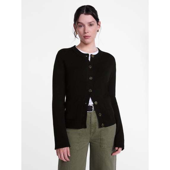 Scenario Women's Crewneck Cardigan with Patch Pockets, Lightweight, Sizes XS-XXXL