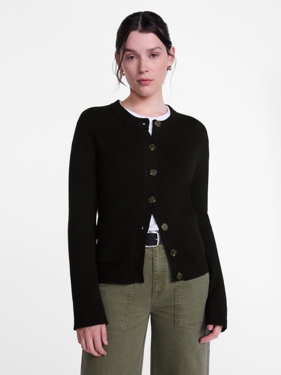 Women's Crewneck Cardigan with Patch Pockets, Lightweight, Sizes XS-XXXL