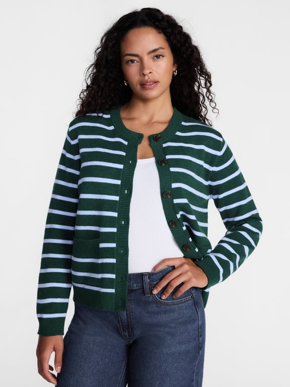 Women's Stripe Cardigan Sweater with Patch Pockets, Lightweight, Sizes XS-4X
