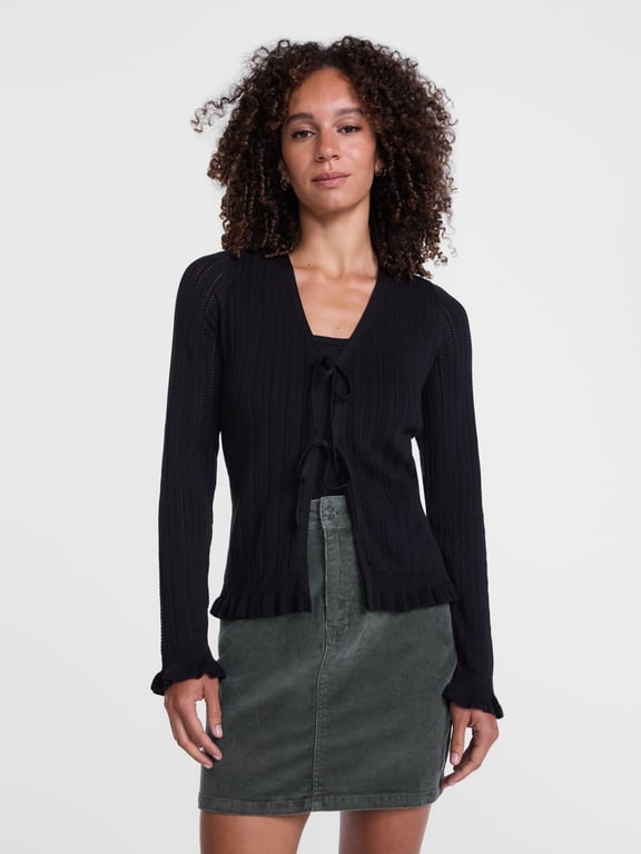 Women's Eyelet Tie Front Cardigan, Lightweight, Sizes XS-XXXL