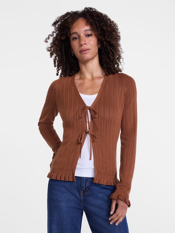 Women's Eyelet Tie Front Cardigan, Lightweight, Sizes XS-XXXL