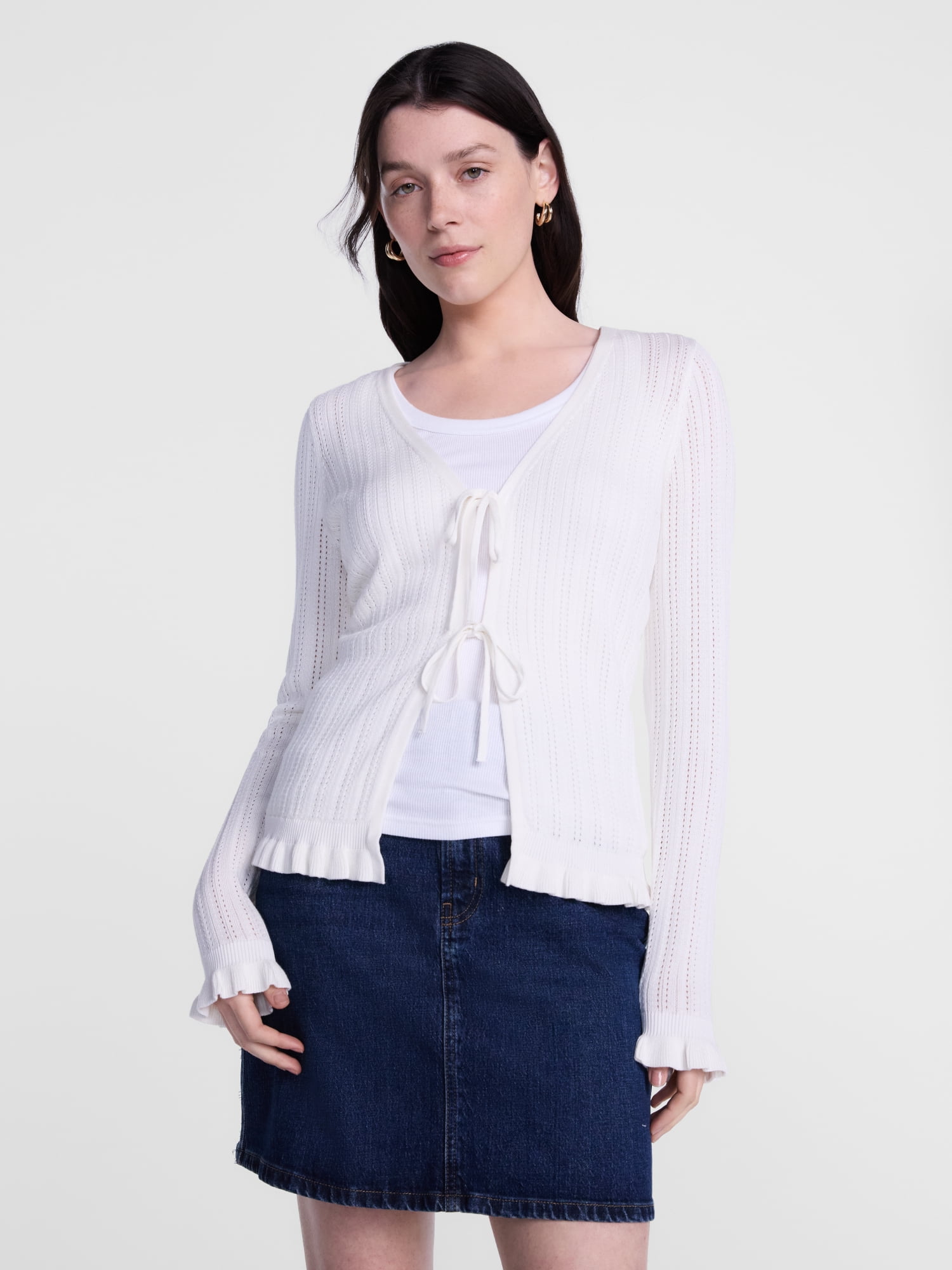 Scenario Women's Eyelet Tie Front Cardigan, Lightweight, Sizes XS-XXXL