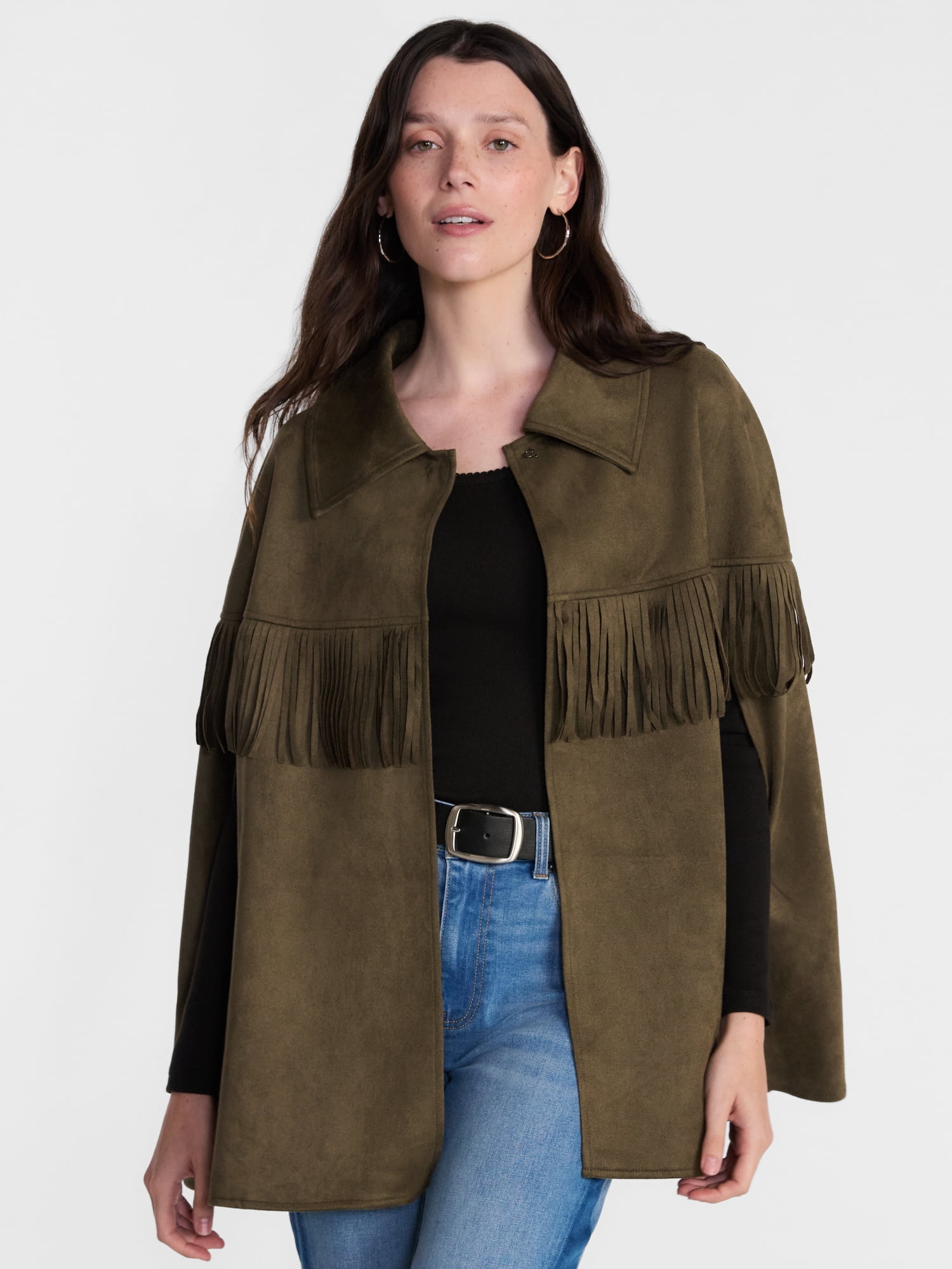 Scenario Women's Faux Suede Fringe Cape, Midweight, Sizes S-3XL