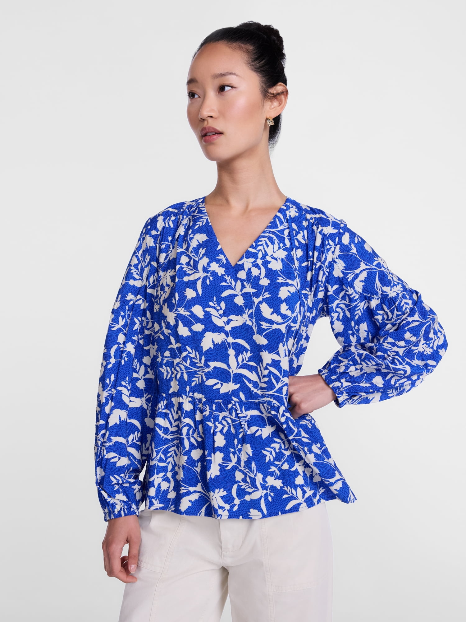 Scenario Women's and Women's Plus Gathered Yoke Blouse with Long Sleeves, Sizes XS-4X