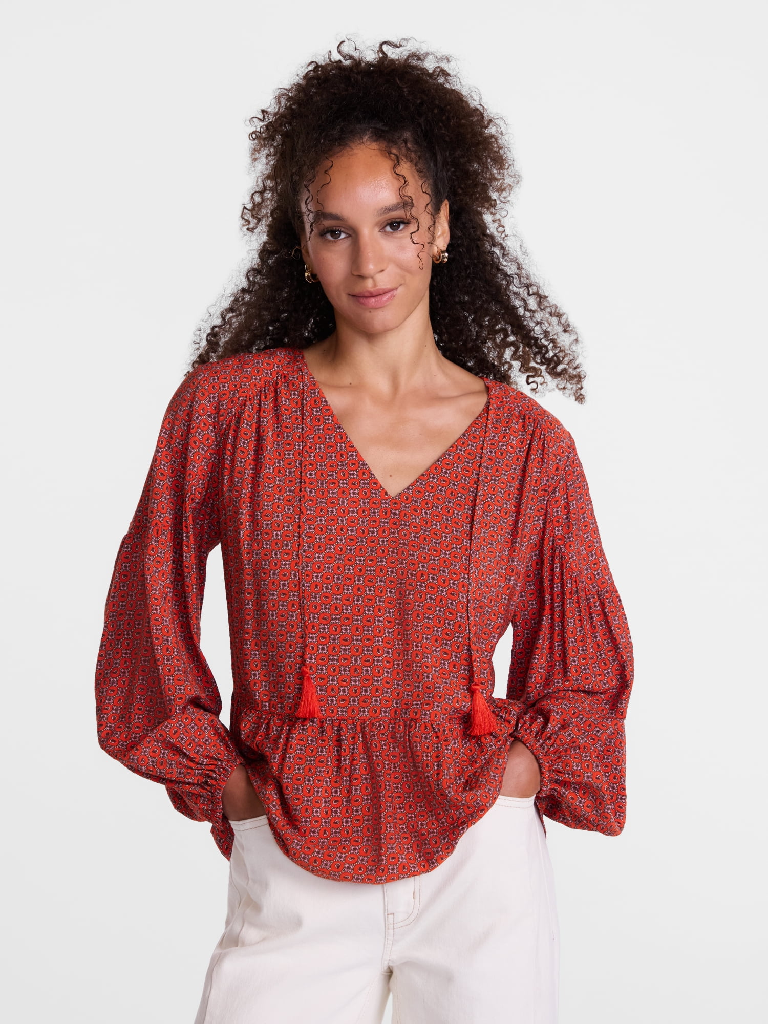 Scenario Women's and Women's Plus Gathered Yoke Blouse with Long Sleeves, Sizes XS-4X