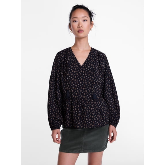 Scenario Women's Gathered Yoke Blouse with Long Sleeves, Sizes XS-XXXL
