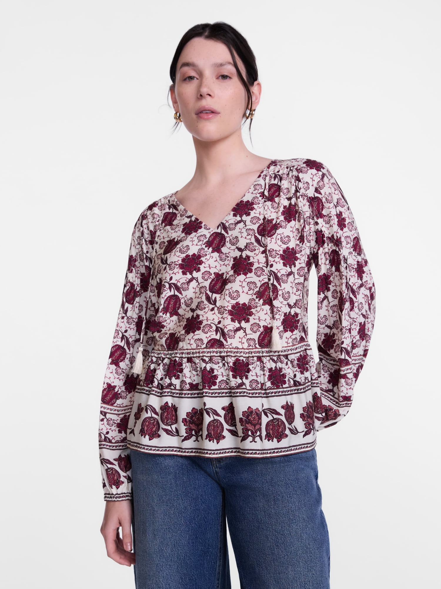 Scenario Women's and Women's Plus Gathered Yoke Blouse with Long Sleeves, Sizes XS-4X
