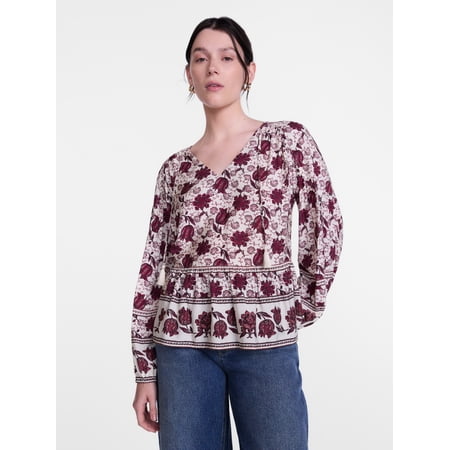 Scenario Women's and Women's Plus Gathered Yoke Blouse with Long Sleeves, Sizes XS-4X