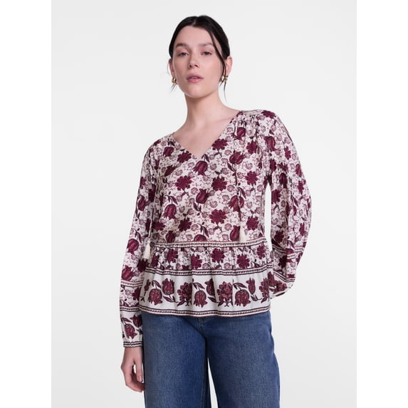 Scenario Women's Gathered Yoke Blouse with Long Sleeves, Sizes XS-XXXL
