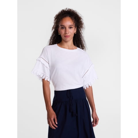 Women's Lace Trim Tee with Short Sleeves, Size XS-XXXL