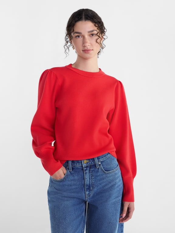 Women's Crewneck Sweater with Long Puff Sleeves, Lightweight, Sizes XS-XXXL