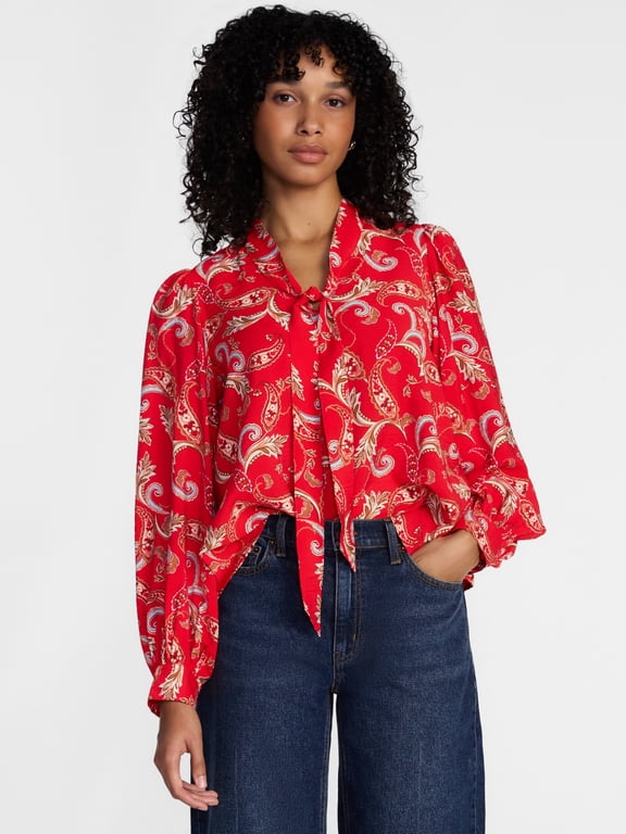 Women's Tie Neck Top with Long Blouson Sleeves, Sizes XS-XXXL