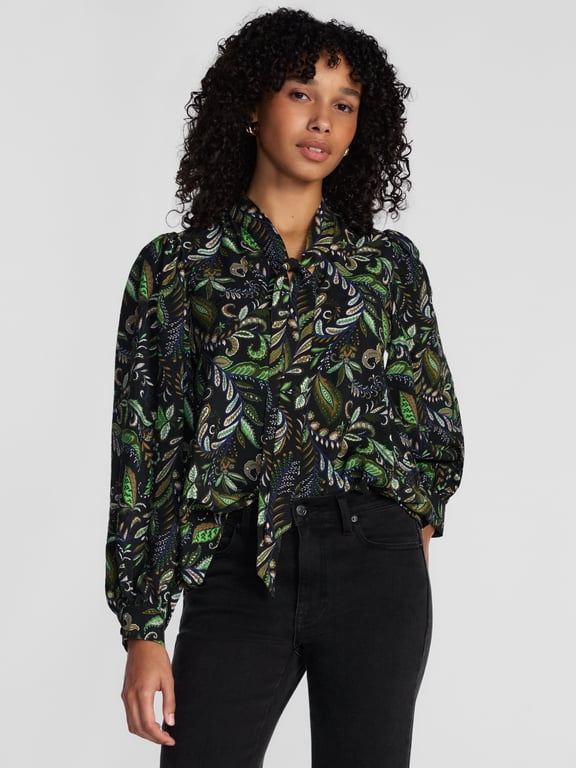 Women's Tie Neck Top with Long Blouson Sleeves, Sizes XS-XXXL