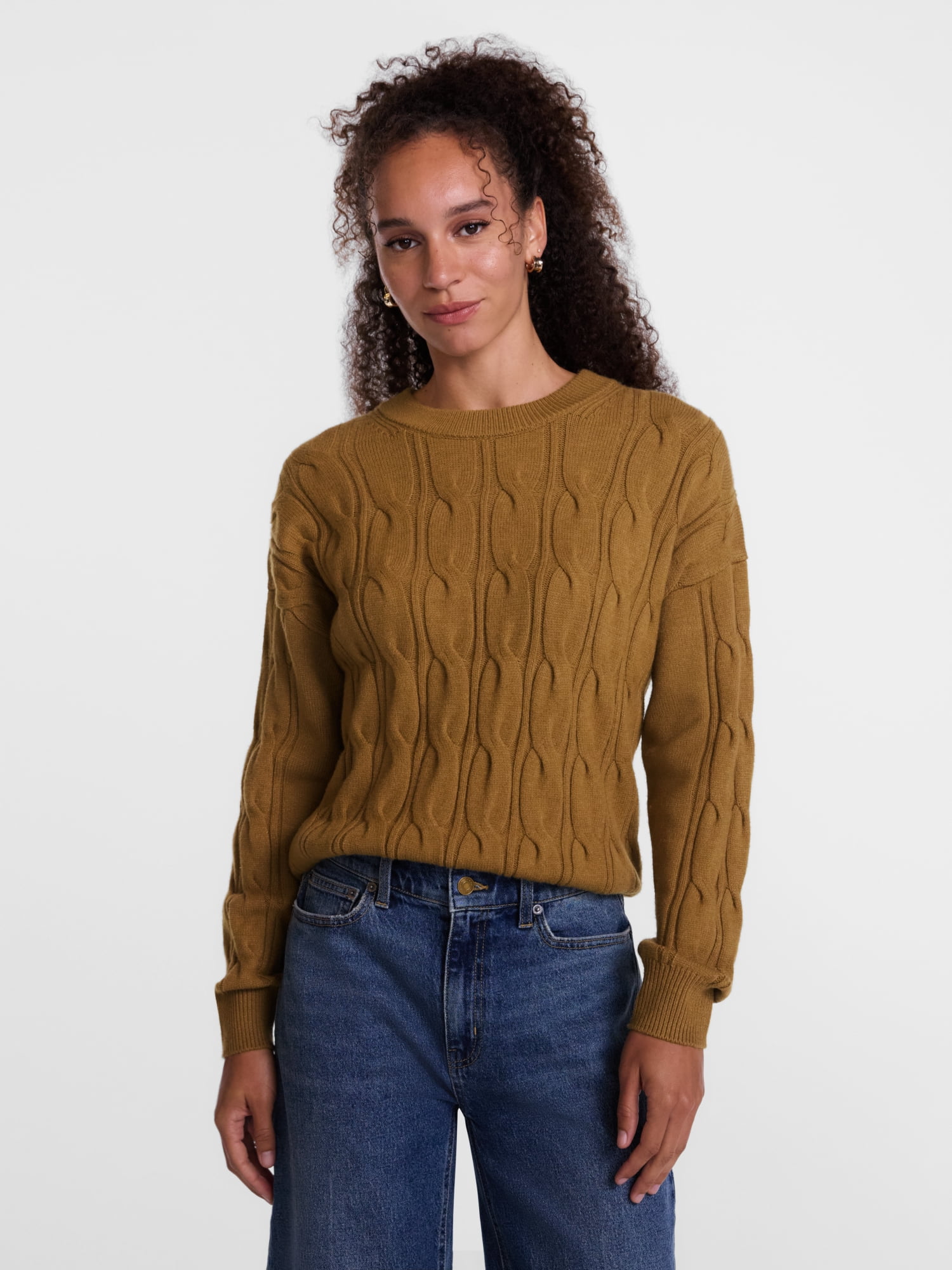 Scenario Women's Crewneck Cable Knit Mid-weight Sweater, Sizes XS-XXXL