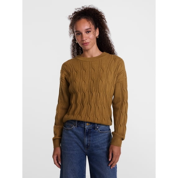 Scenario Women's Crewneck Cable Knit Mid-weight Sweater, Sizes XS-XXXL