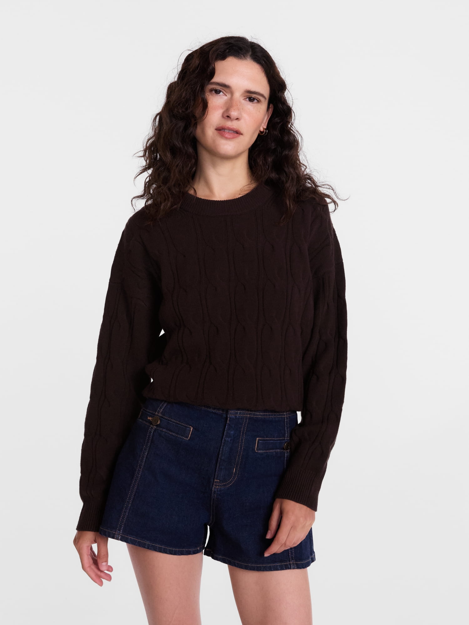 Scenario Women's Crewneck Cable Knit Mid-weight Sweater, Sizes XS-XXXL