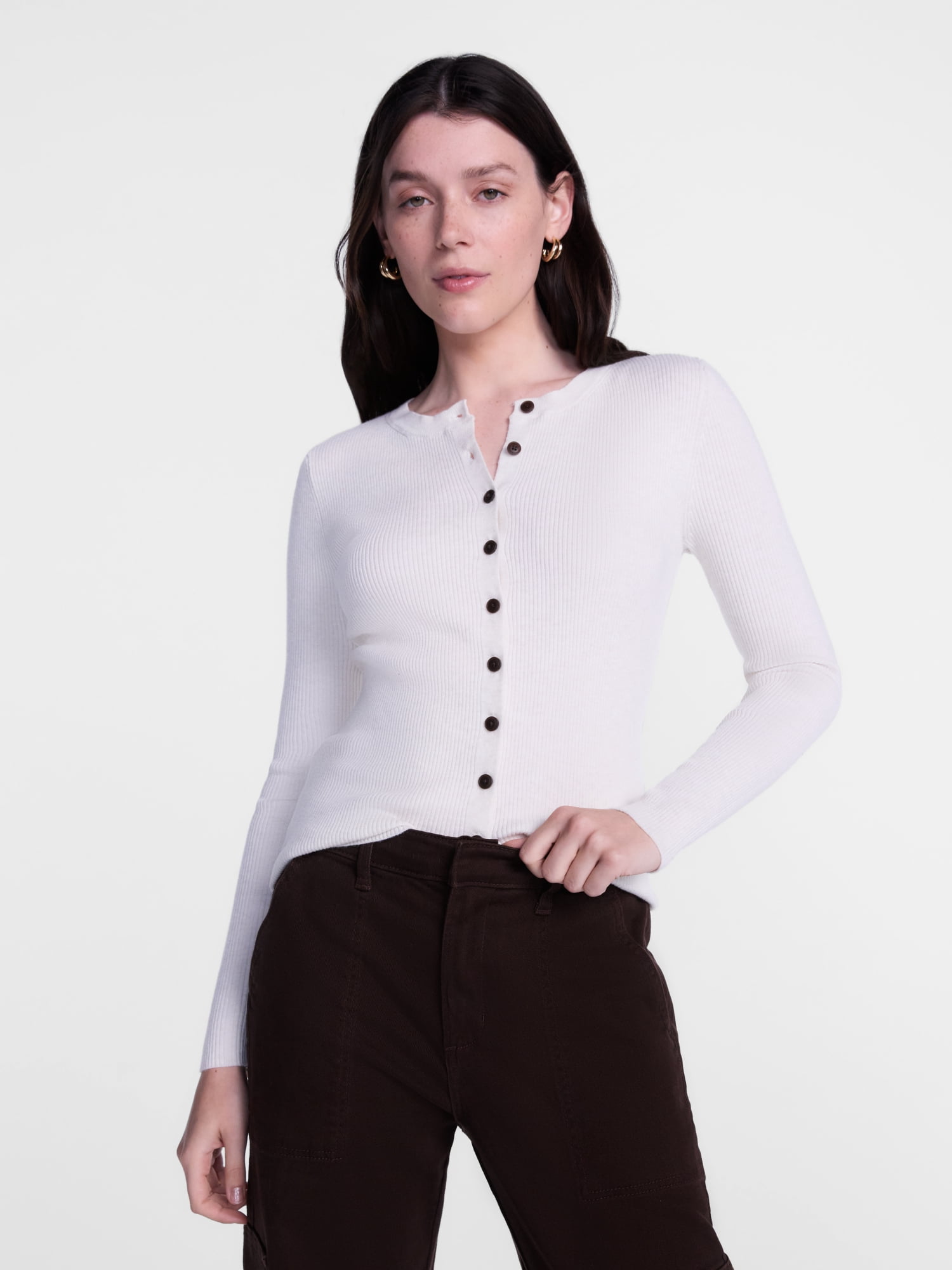 Scenario Women's and Women's Plus Ribbed Crewneck Cardigan Sweater, Lightweight, Sizes XS-4X