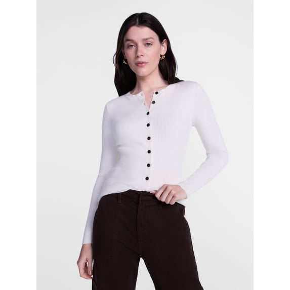 Scenario Women's and Women's Plus Ribbed Crewneck Cardigan Sweater, Lightweight, Sizes XS-4X
