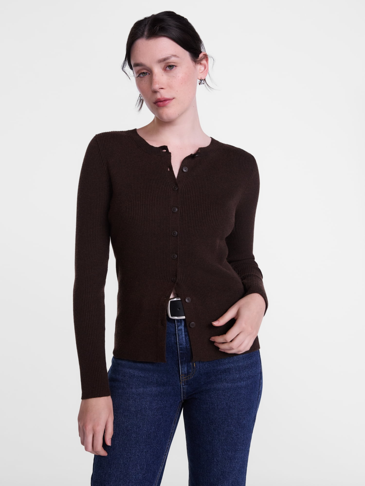 Scenario Women's and Women's Plus Ribbed Crewneck Cardigan Sweater, Lightweight, Sizes XS-4X