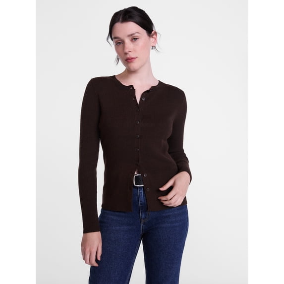 Scenario Women's and Women's Plus Ribbed Crewneck Cardigan Sweater, Lightweight, Sizes XS-4X