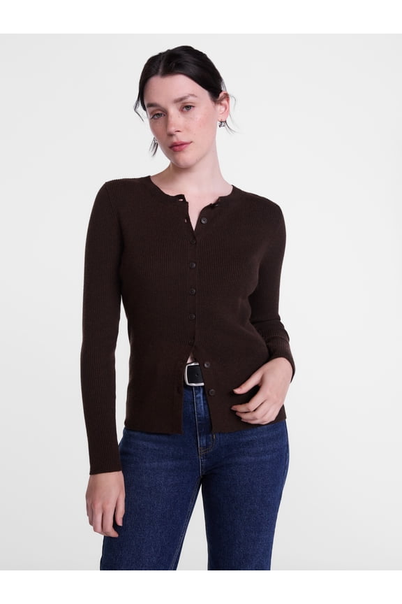 Women's and Women's Plus Ribbed Crewneck Cardigan Sweater, Lightweight, Sizes XS-4X