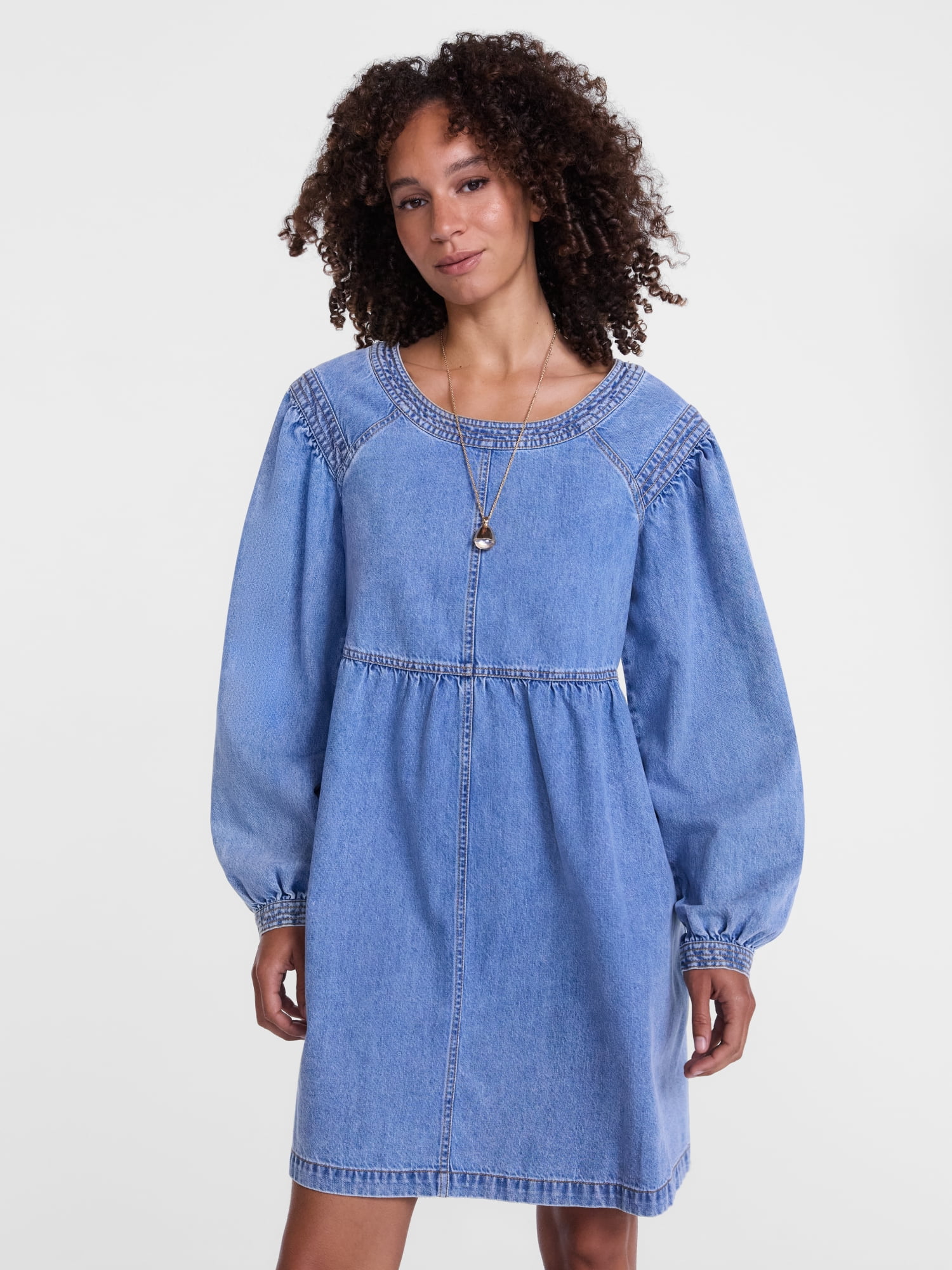 Scenario Women's Denim Empire Mini Dress with Long Sleeves, Sizes XS-XXXL