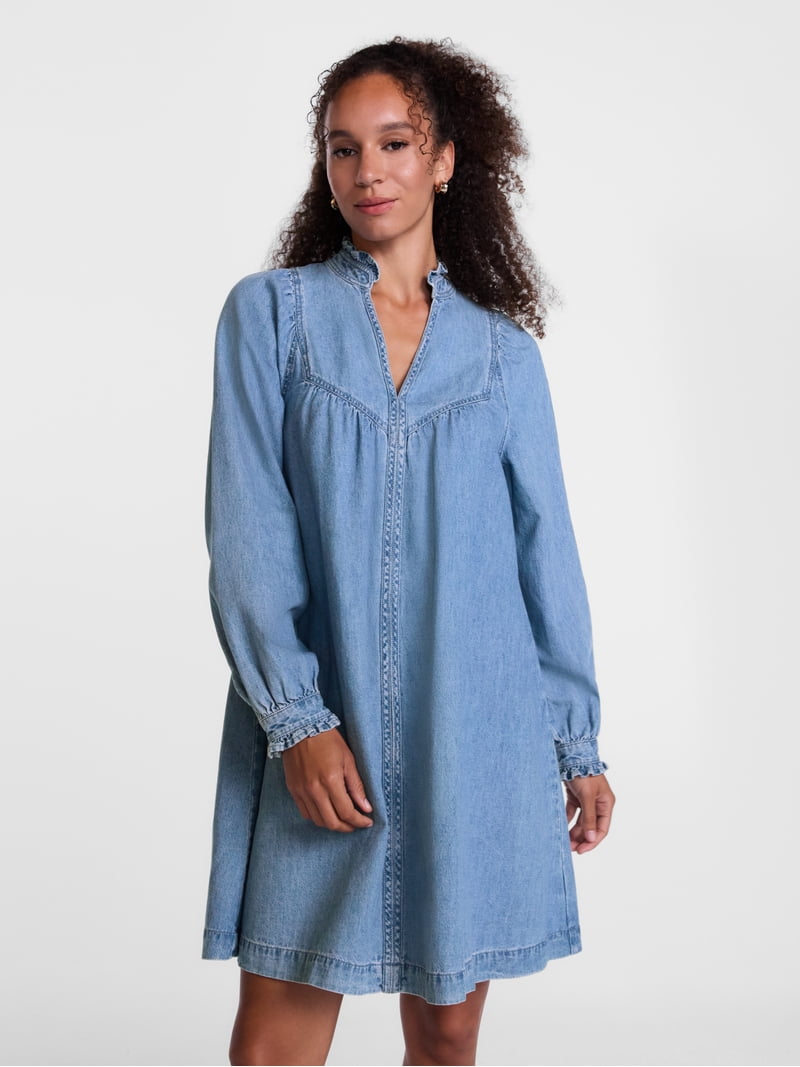 Scenario Women's Denim Mini Dress with Long Sleeves, Sizes Xs-xxxl, Blue