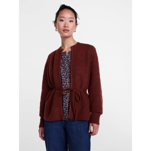 Scenario Women's and Women's Plus Open Tie Cardigan Lightweight Sweater with Long Sleeves, Sizes XS-4X