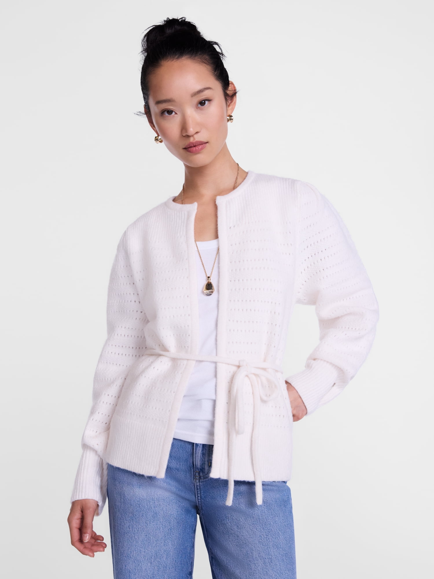 Scenario Women's and Women's Plus Open Tie Cardigan Lightweight Sweater with Long Sleeves, Sizes XS-4X