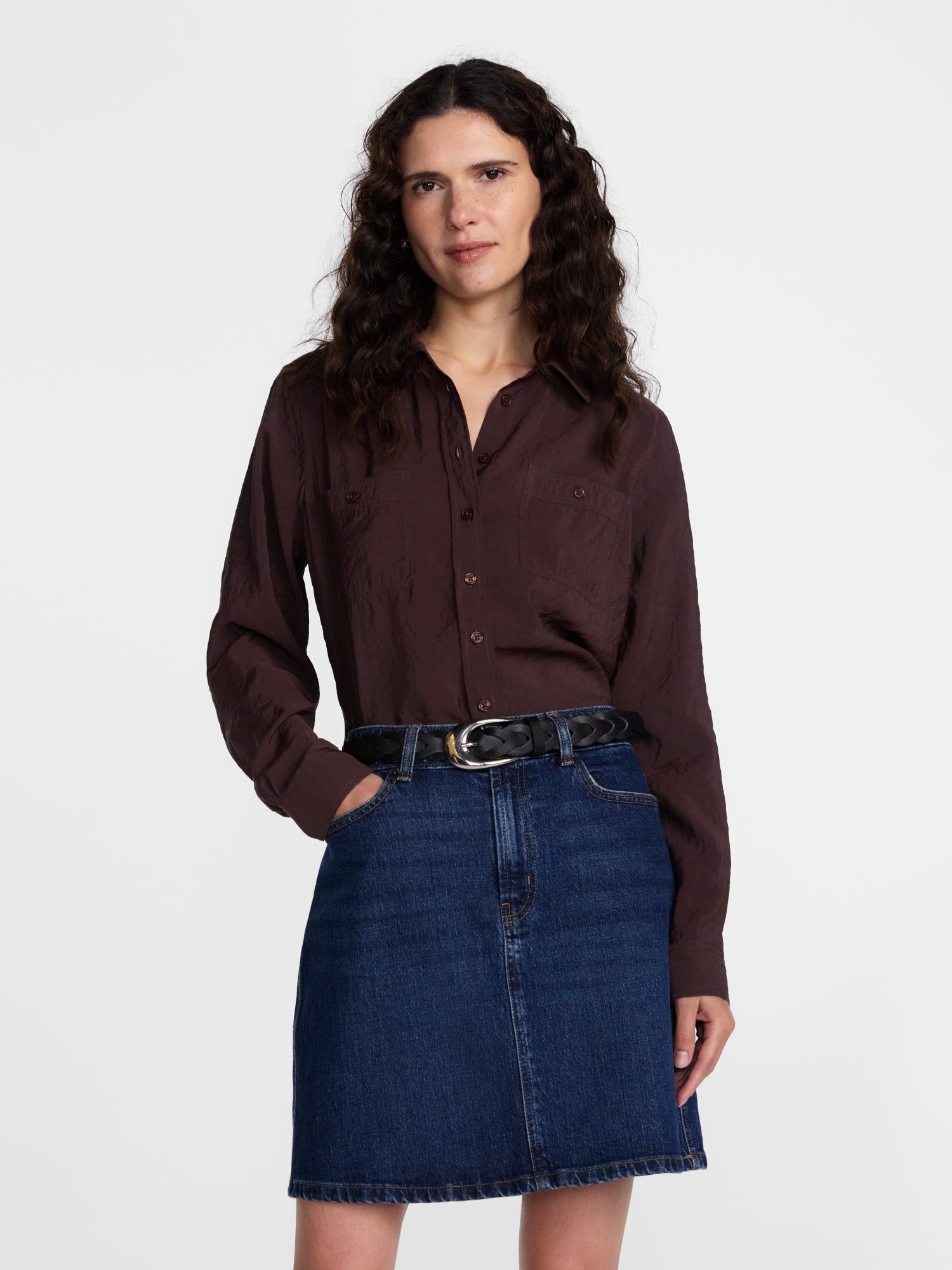 Scenario Women's Tie Waist Utility Shirt with Long Sleeves, Sizes XS-XXXL