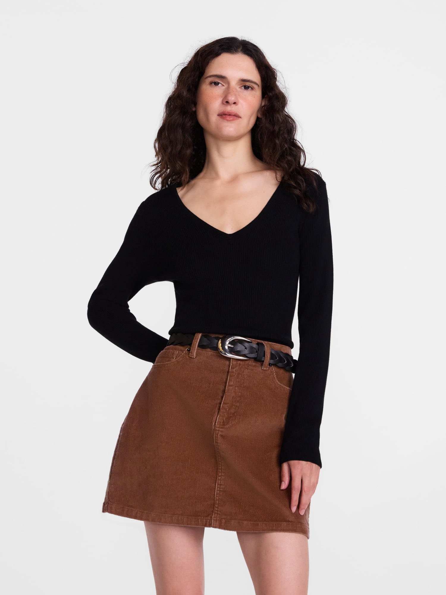 Scenario Women's V-Neck Ribbed Sweater with Long Sleeves, Lightweight, Sizes XS-XXXL