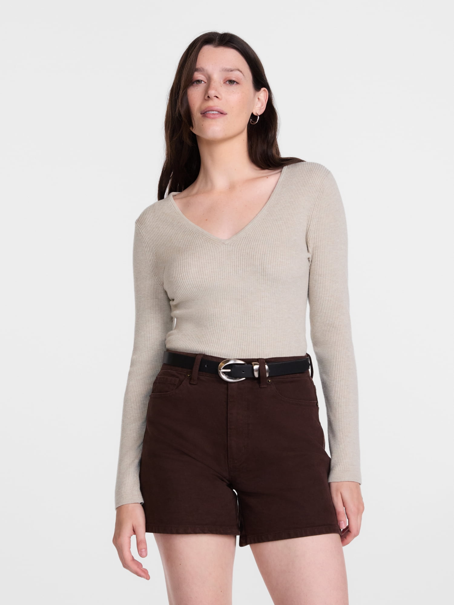 Scenario Women's V-Neck Ribbed Lightweight Sweater with Long Sleeves, Sizes XS-XXXL