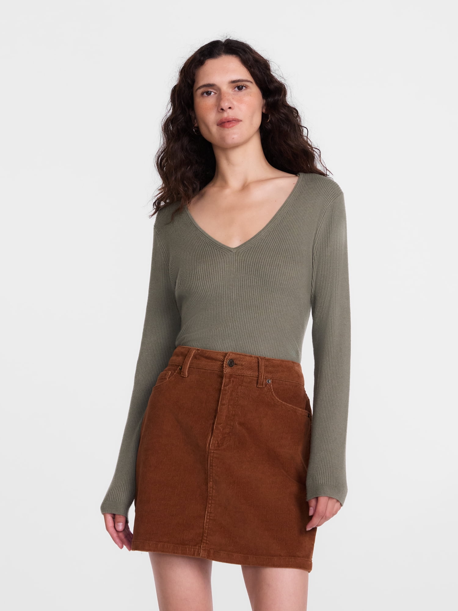 Scenario Women's V-Neck Ribbed Lightweight Sweater with Long Sleeves, Sizes XS-XXXL