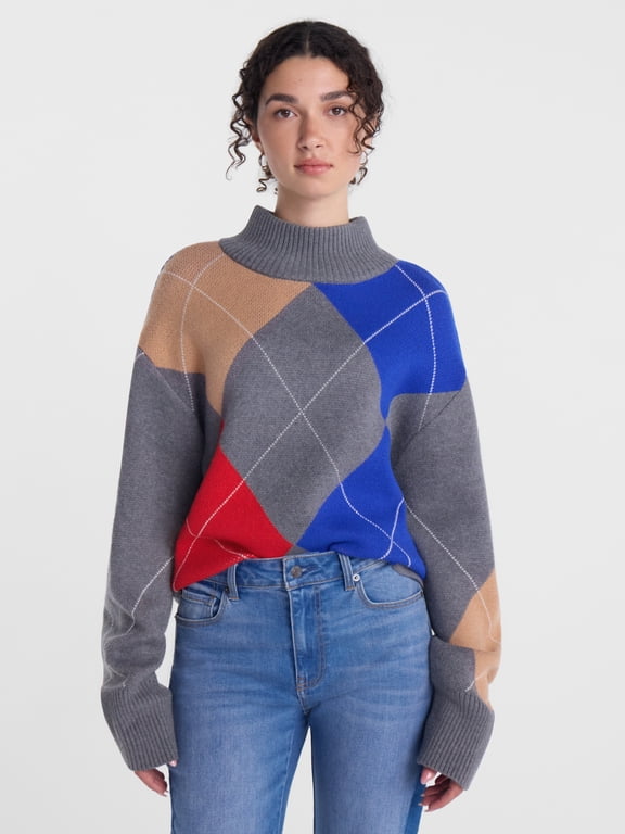 Women's Mock Neck Argyle Sweater, Lightweight, Sizes XS-XXXL