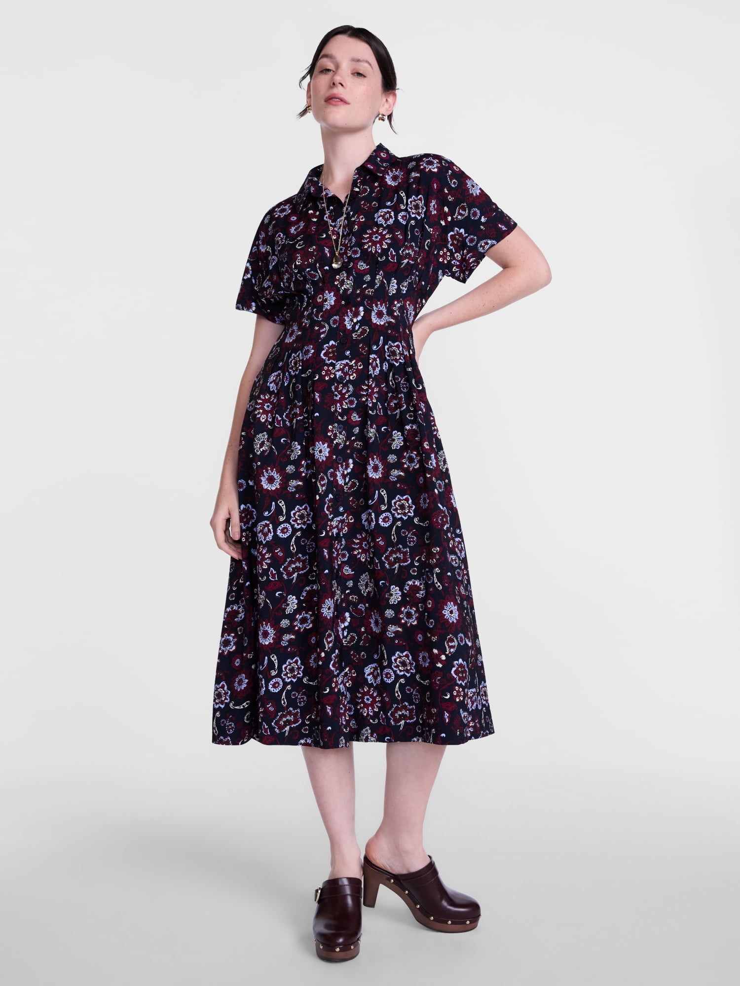 Scenario Women's and Women's Plus Pleated Waist Midi Shirtdress with Short Sleeves, Sizes XS-4X