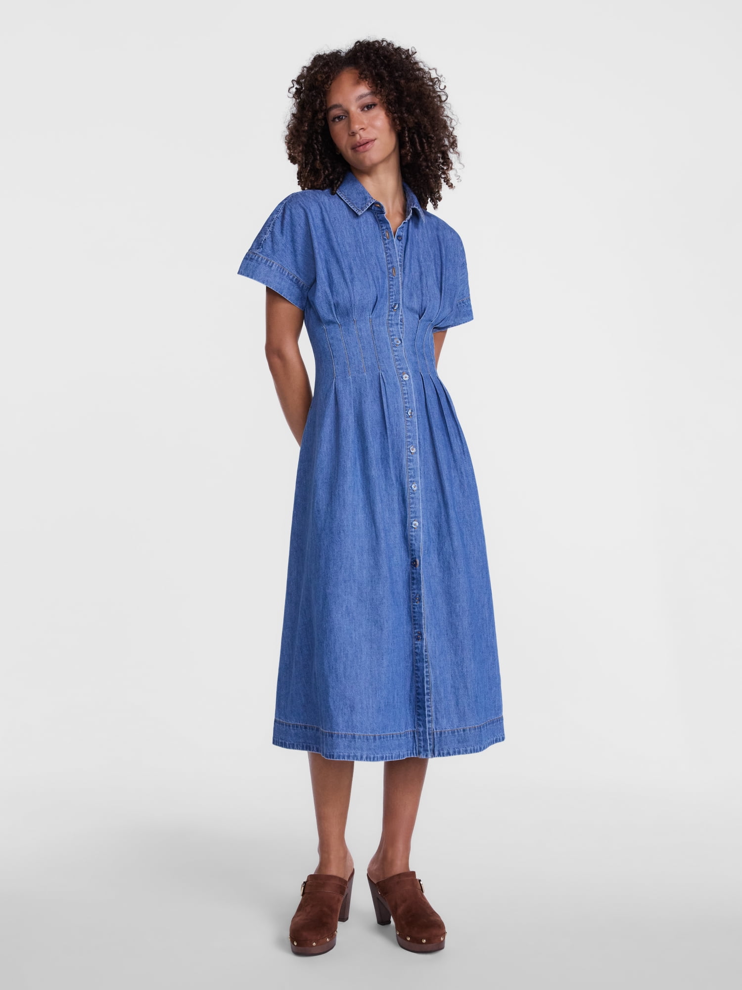 Scenario Women's and Women's Plus Pleated Waist Midi Shirtdress with Short Sleeves, Sizes XS-4X