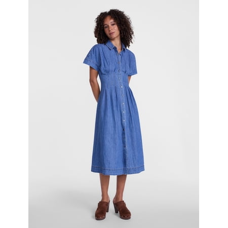 Scenario Women's and Women's Plus Pleated Waist Midi Shirtdress with Short Sleeves, Sizes XS-4X