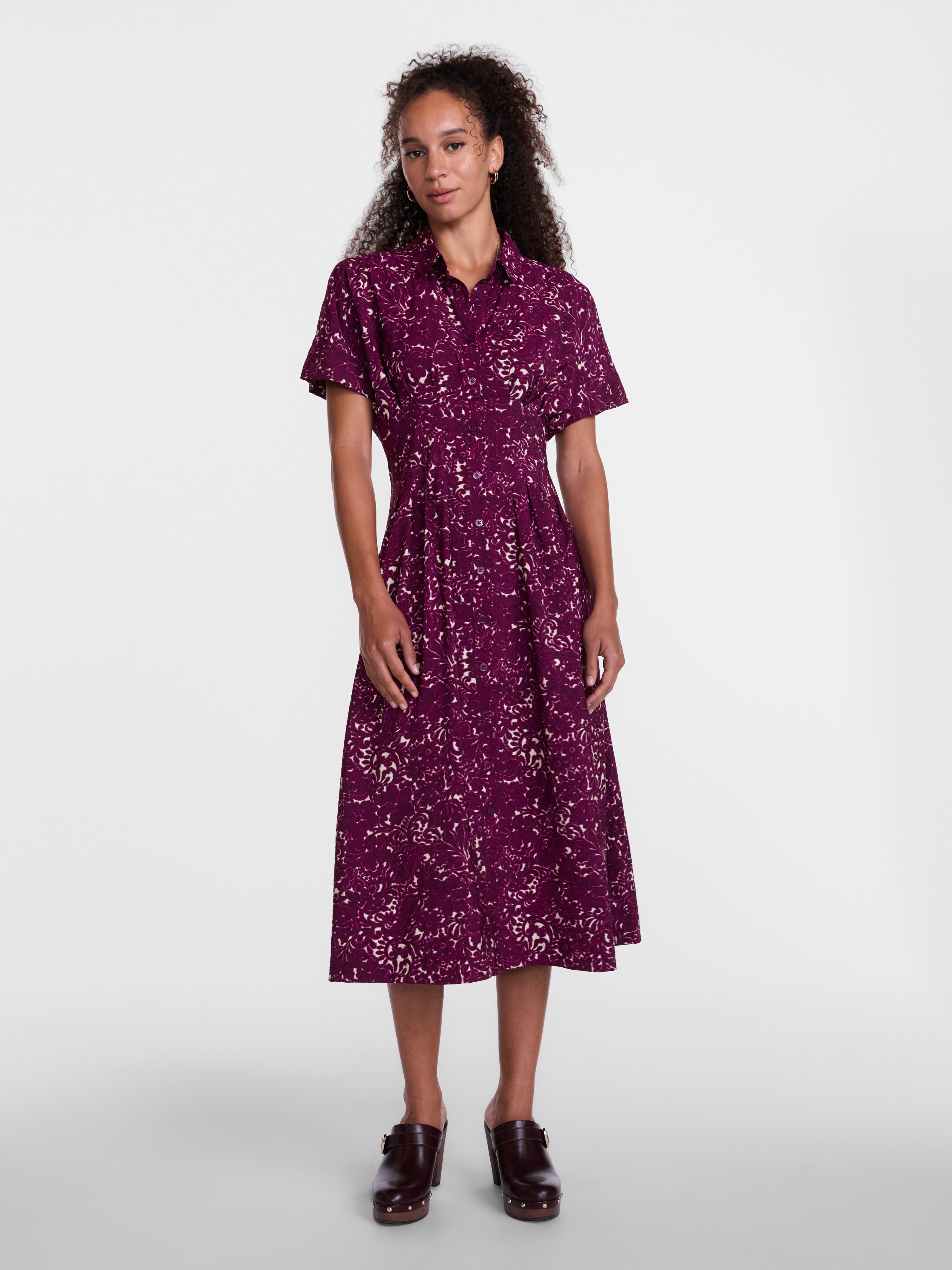Scenario Women's and Women's Plus Pleated Waist Midi Shirtdress with Short Sleeves, Sizes XS-4X