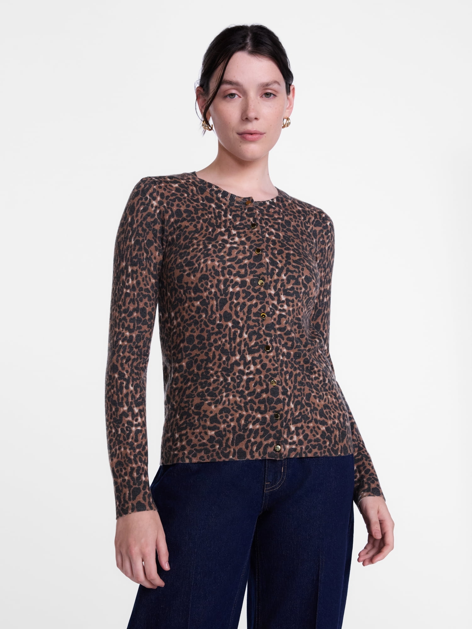 Scenario Women's Plus Long Sleeve Crew Neck Button Front Printed Cardigan Sweater, Sizes 1X-4X