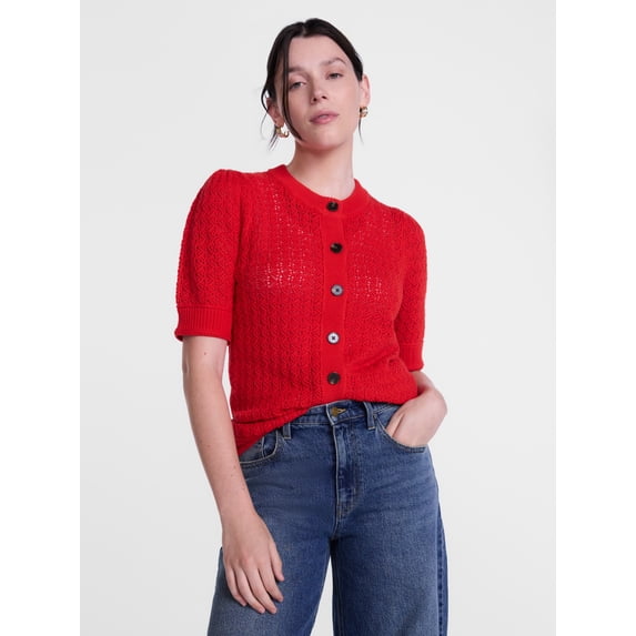 Scenario Women's and Women's Plus Crewneck Cardigan with Short Sleeves, Lightweight, Sizes XS-4X