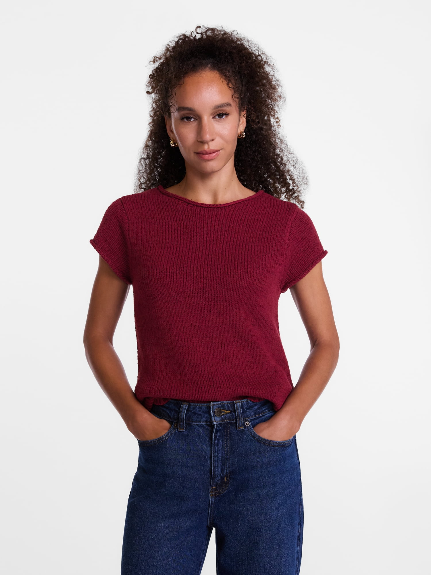 Scenario Women's and Women's Plus Pullover Rollneck Lightweight Sweater with Short Sleeves, Sizes XS-4X