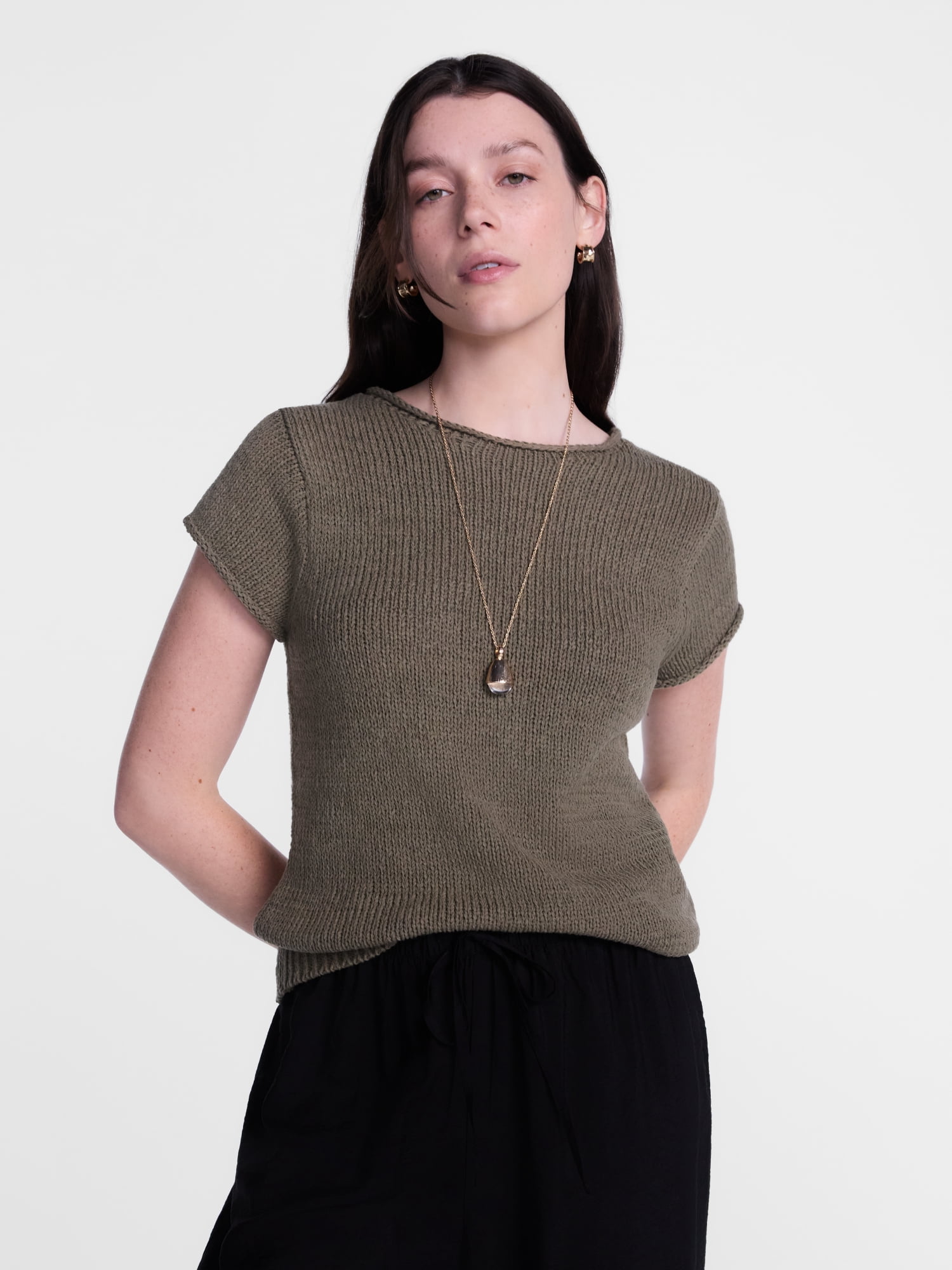 Scenario Women's and Women's Plus Pullover Rollneck Lightweight Sweater with Short Sleeves, Sizes XS-4X