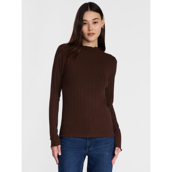 Scenario Women's Rib Mock Neck Top with Long Sleeves, Sizes XS-XXXL