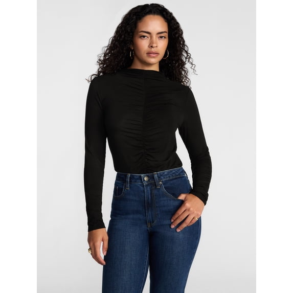 Scenario Women's Shirred Mock Neck Top with Long Sleeves, Sizes XS-XXXL