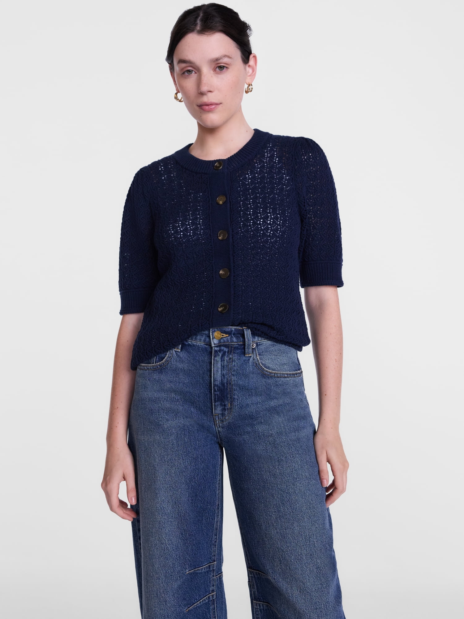 Scenario Women's and Women's Plus Crewneck Cardigan with Short Sleeves, Lightweight, Sizes XS-4X