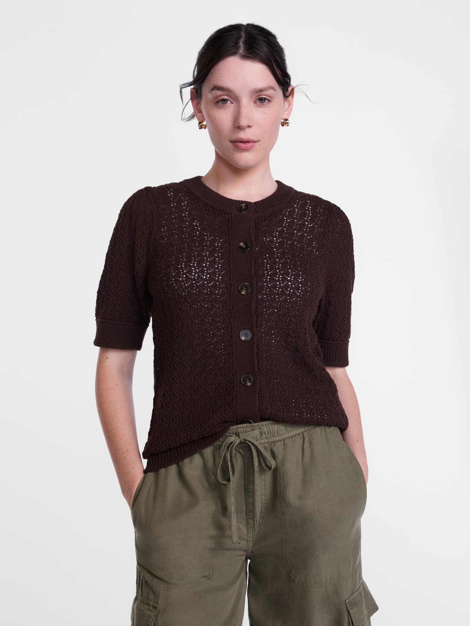 Scenario Women's and Women's Plus Crewneck Cardigan with Short Sleeves, Lightweight, Sizes XS-4X