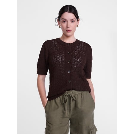 Scenario Women's and Women's Plus Crewneck Cardigan with Short Sleeves, Lightweight, Sizes XS-4X