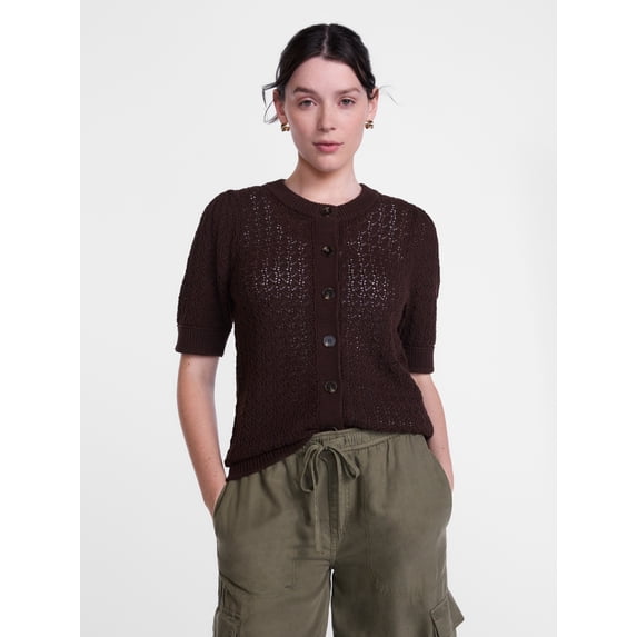 Scenario Women's and Women's Plus Crewneck Cardigan with Short Sleeves, Lightweight, Sizes XS-4X