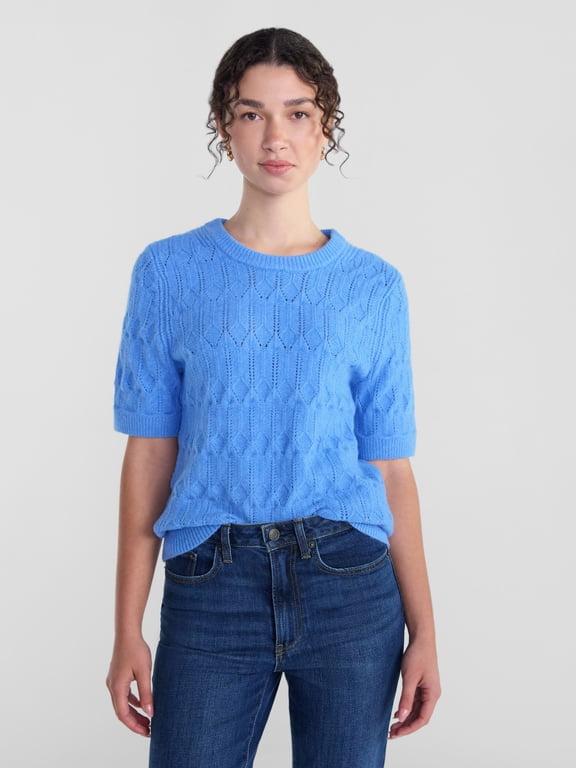 Women's Crewneck Pointelle Sweater with Short Sleeves, Lightweight, Sizes XS-XXXL