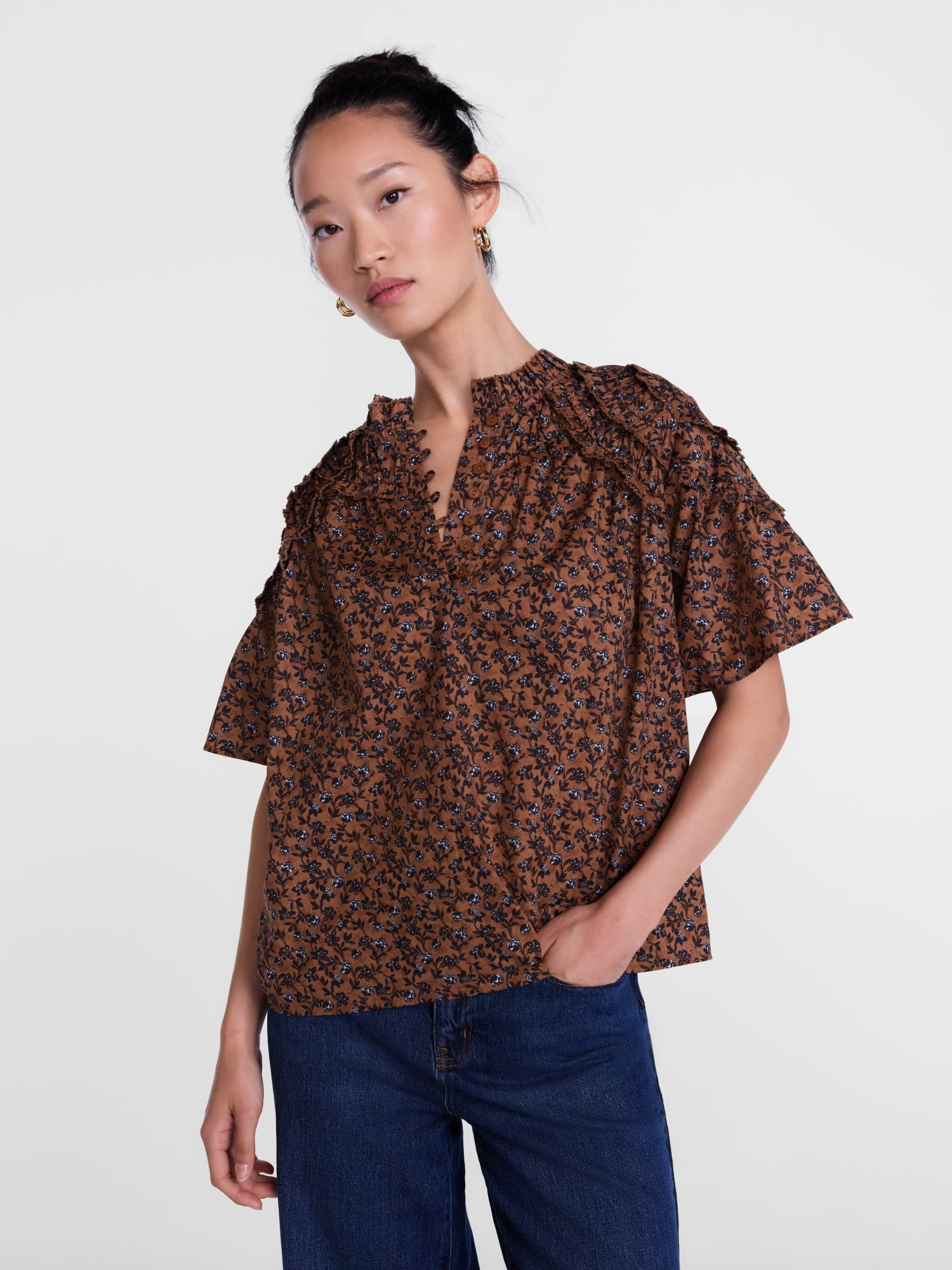 Scenario Women's Gathered Cotton Voile Top with Short Sleeves, Size XS-XXXL